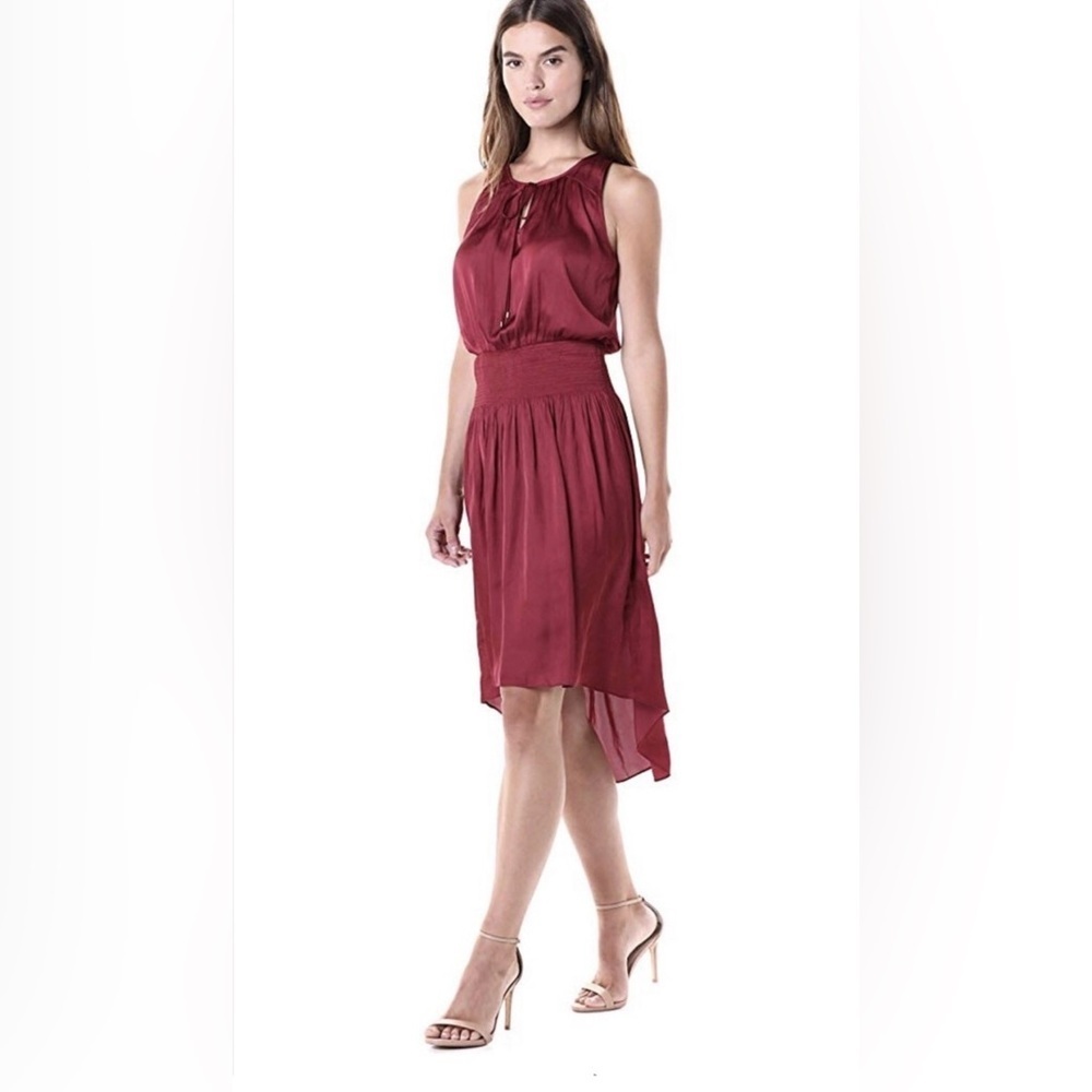 Halston Heritage Sleeveless Smocked Waist High Low Dress Ruby Maroon Small - Picture 1 of 14